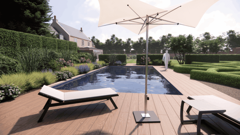 Contemporary formal garden design featuring elegant topiary parterre hedges, pleached ilex trees, refined stone paving, extensive matrix planting, and perfectly manicured lawns. Modern luxury landscape combining structured geometry with soft, naturalistic planting for a sophisticated outdoor space.