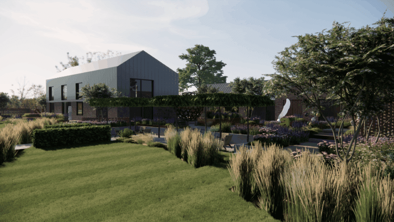 Stunning landscaped gardens of a redeveloped farm estate, featuring lush planting, preserved historical ridge and furrow fields, expansive manicured lawns, and large reflective water features. Contemporary country garden design blending rural heritage with modern landscaping and sustainable planting in a beautiful countryside setting