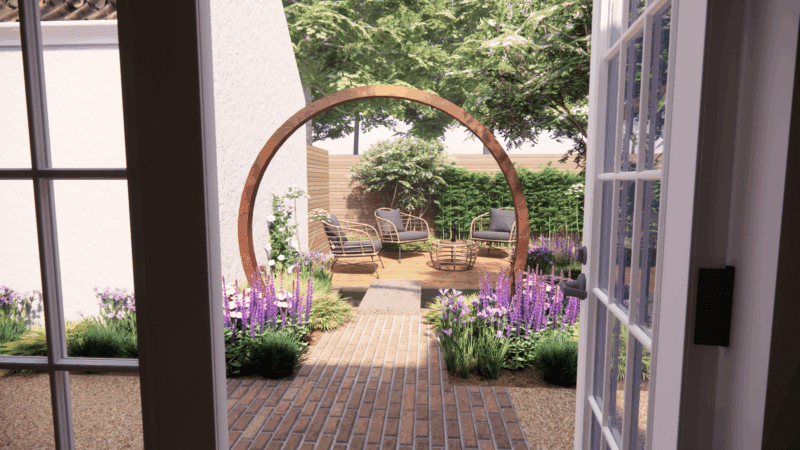 Intimate courtyard garden with lush green planting, a large reflective water feature, and a striking corten steel moongate. Modern courtyard design featuring layered foliage, textural planting, and warm rust tones that create a tranquil, contemporary outdoor retreat. A stylish small garden blending sculptural design with natural beauty.