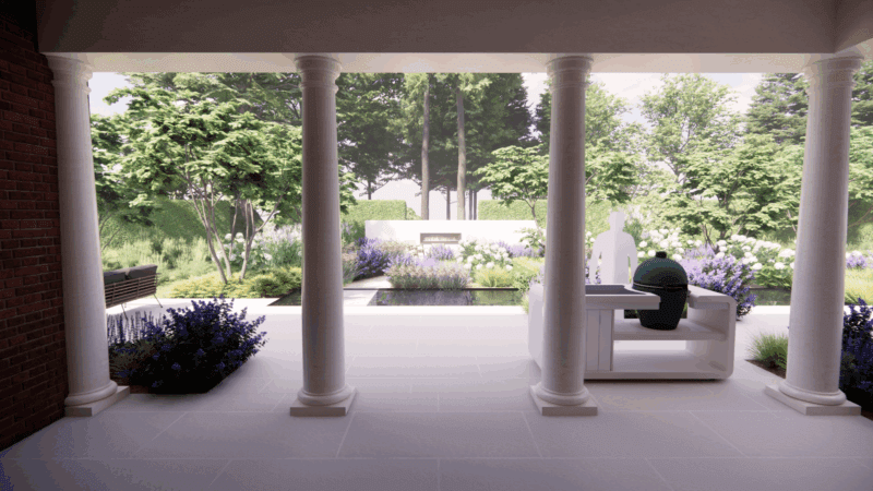 Expansive landscaped garden of a new Georgian-style house in a London suburb, featuring lush green planting, manicured lawns, elegant stone pathways, a built-in outdoor fireplace, and a large central water feature surrounded by blooming flowers and mature shrubs. Luxury British garden design blending classic Georgian symmetry with modern outdoor living