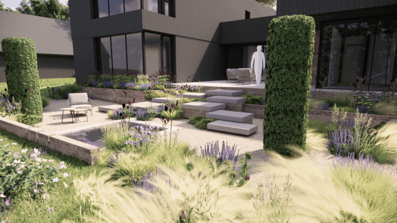 Contemporary new build garden set in a woodland landscape with extensive matrix planting and a sculptural corten steel water feature. Modern naturalistic garden design featuring layered perennial planting, ornamental grasses, and native woodland plants blending seamlessly with the surrounding trees. A tranquil, sustainable outdoor space combining modern architecture with organic landscape design.